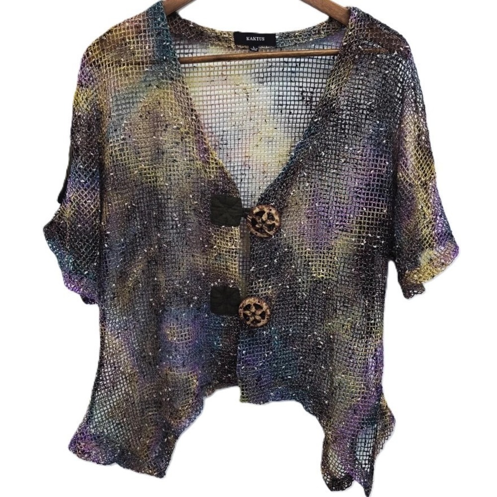 Womens L Mesh Open Top Boho Artistic Layered‎ Statement Sheer Festival Blouse